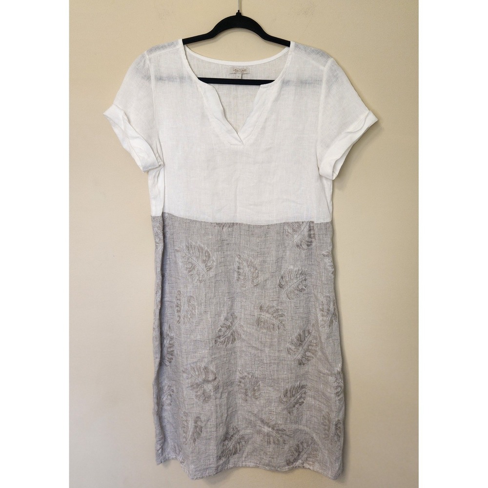 Lina Tomei Small White Beige 100% Linen Leaf Jacquard Shift Dress Made in Italy